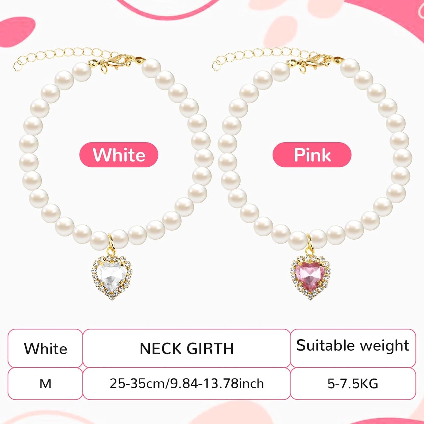 2Pcs Cute Girl Cat Collar, Fancy Dog Pearl Necklace Collars Adjustable Pearl Dog Cats Collars with Small Heart Shape Rhinestone for Small Dogs and Cats, Pink Heart + White Heart