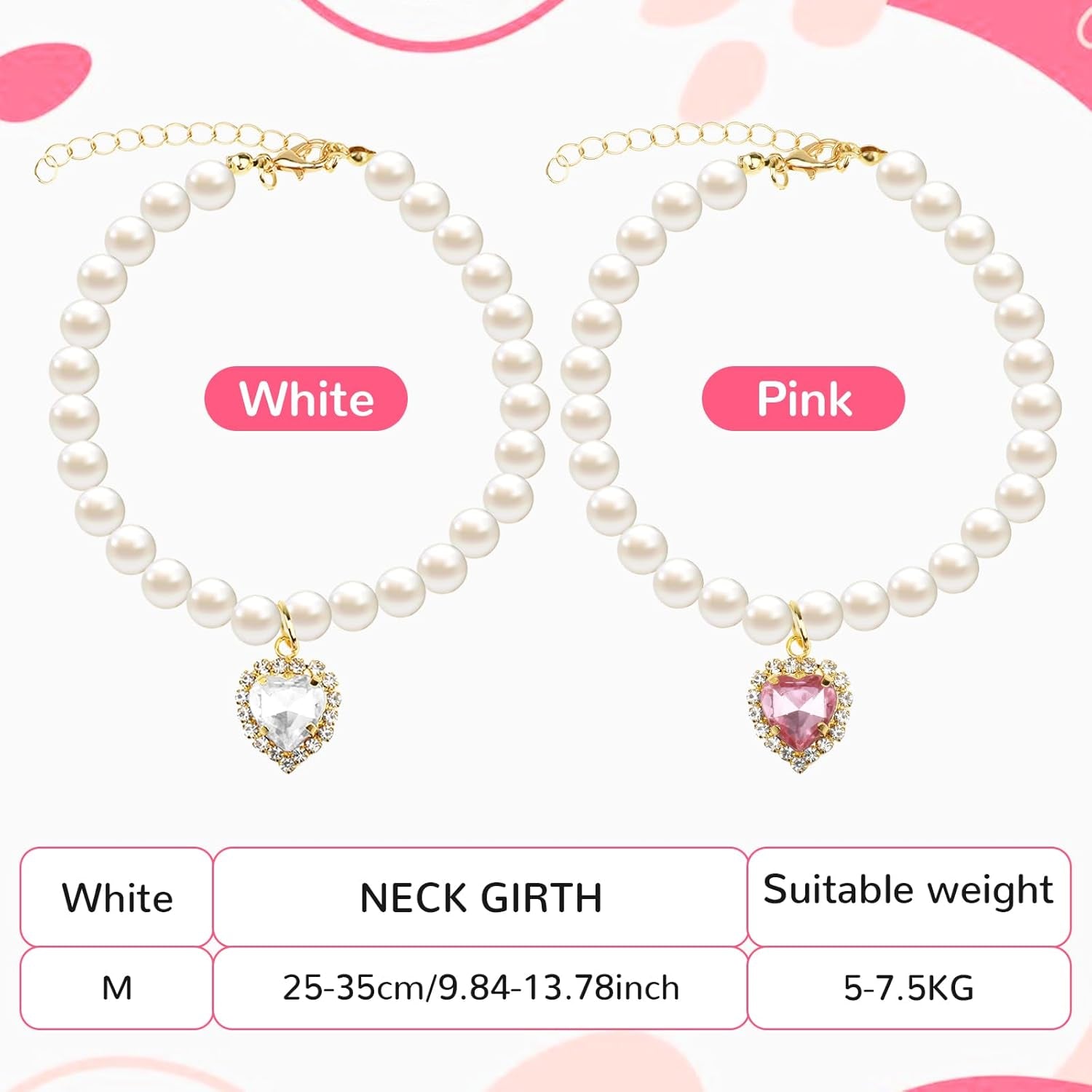 2Pcs Cute Girl Cat Collar, Fancy Dog Pearl Necklace Collars Adjustable Pearl Dog Cats Collars with Small Heart Shape Rhinestone for Small Dogs and Cats, Pink Heart + White Heart