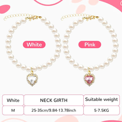2Pcs Cute Girl Cat Collar, Fancy Dog Pearl Necklace Collars Adjustable Pearl Dog Cats Collars with Small Heart Shape Rhinestone for Small Dogs and Cats, Pink Heart + White Heart