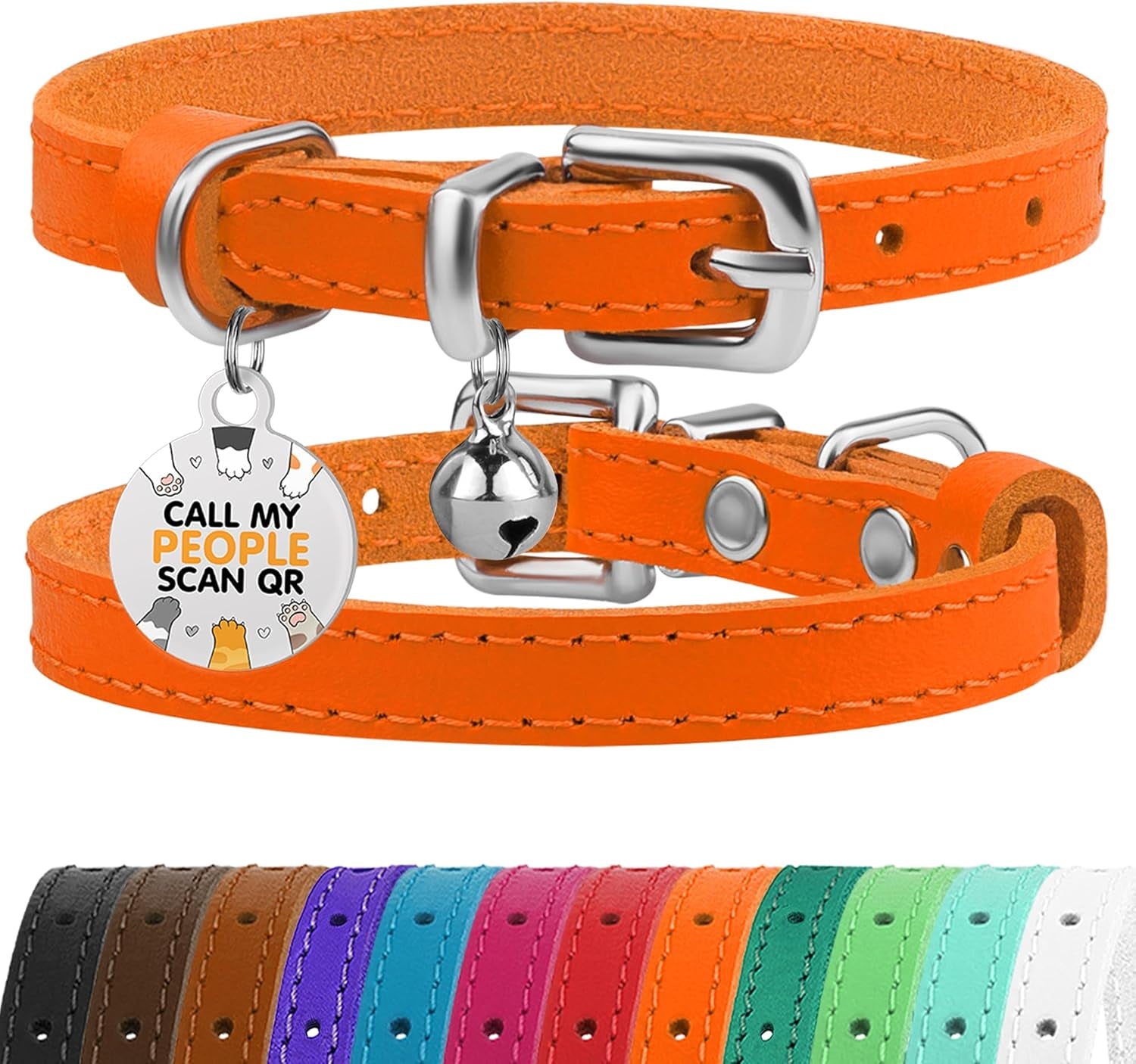 Leather Cat Collar with Removable Bells Non Breakaway Kitten QR Tag for Girl Boy (7" - 9" for Cats, Purple & Gold)