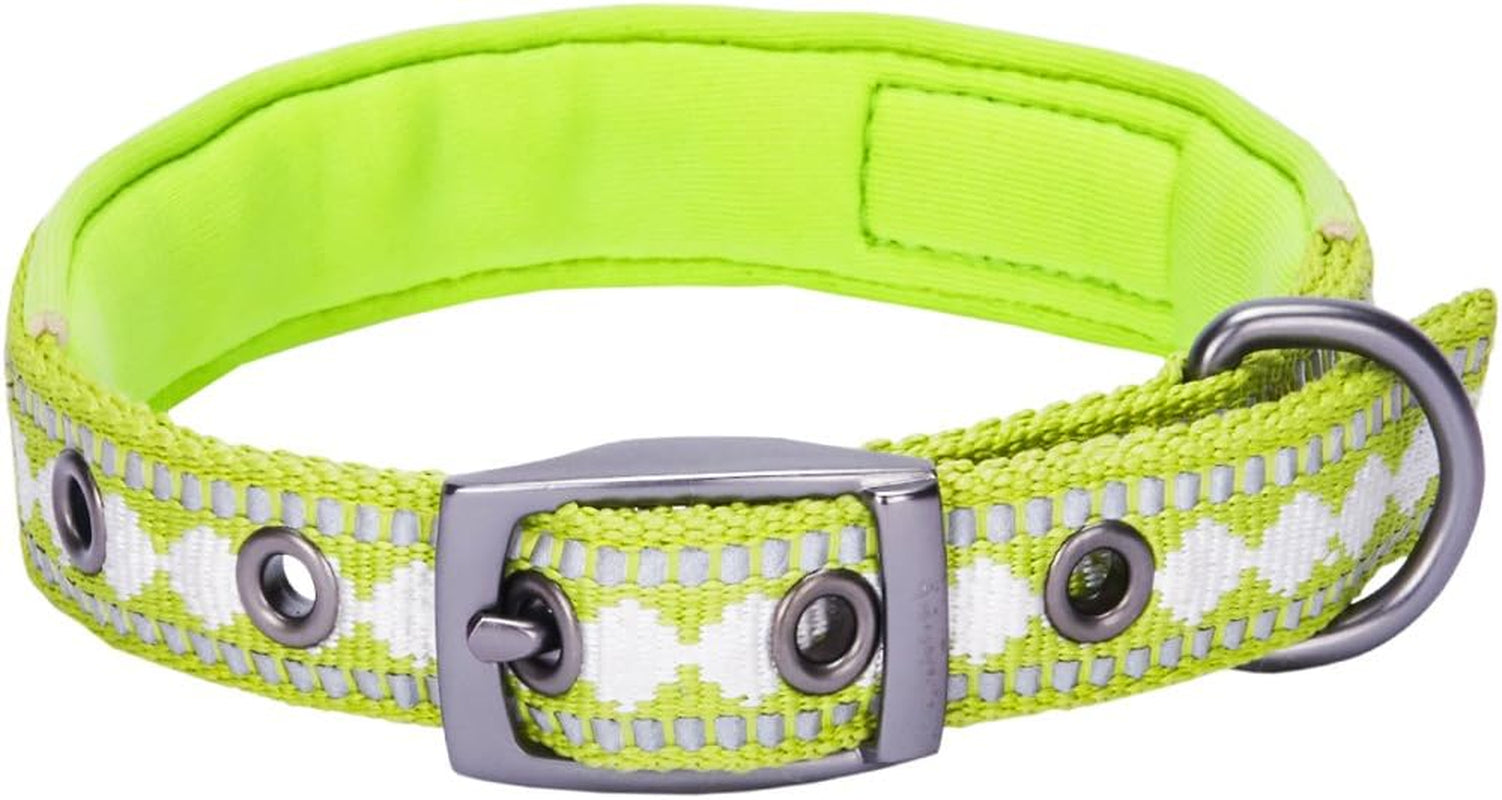 Reflective Jacquard Dog Collar with Neoprene Padding & Metal Buckle | Soft & Adjustable Safety Collar - Olive, Neck 13-16.5", for Medium Breed