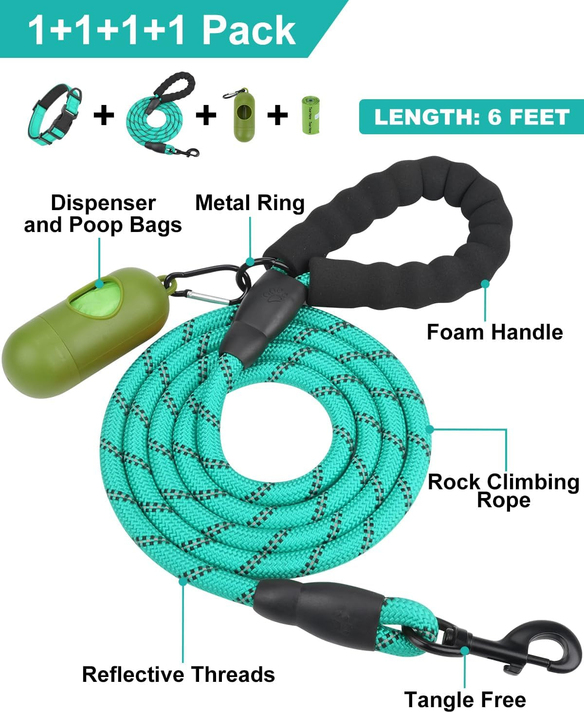 Reflective Dog Collar and Leash Set, 6FT Strong Climbing Rope Leash with Padded Handle, Adjustable Pet Collar with Soft Neoprene Padding for Large Dogs, Teal, L