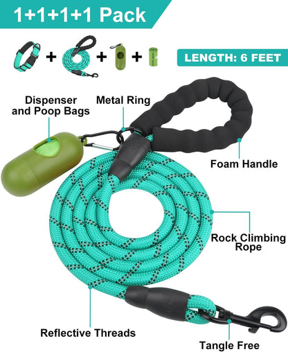 Reflective Dog Collar and Leash Set, 6FT Strong Climbing Rope Leash with Padded Handle, Adjustable Pet Collar with Soft Neoprene Padding for Large Dogs, Teal, L