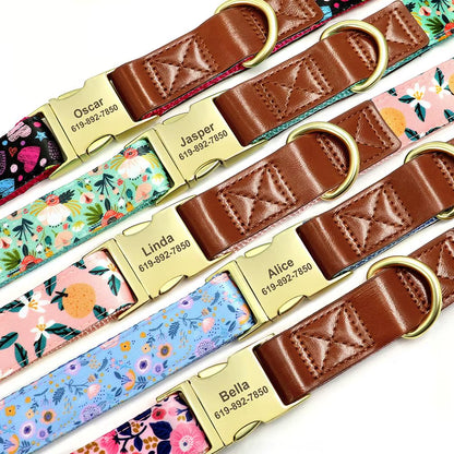 Custom Engraved Dog Collar Adjustable Pet Buckle Collars Anti-Lost Flower Printed for Small Medium Large Dogs French Bulldog