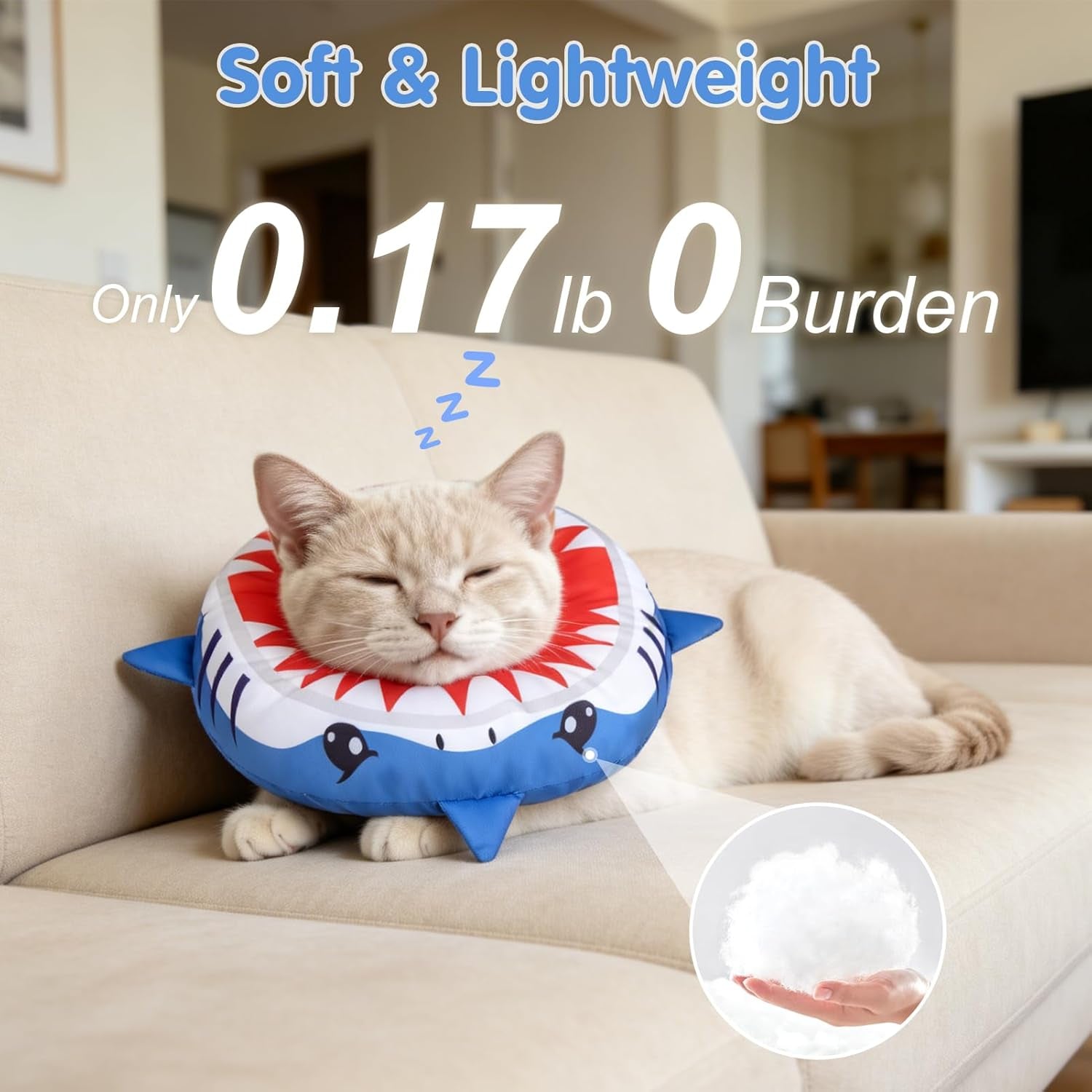 Cat Cone Collars Soft, Cat Recovery E Collars after Surgery to Stop Licking, Adjustable Elizabeth Circle Collar Cute Pet Donut Pillow for Cats Kitten Small Dogs, Cute Shark S