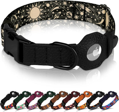 Airtag Dog Collar with Metal Buckle - Printed Nylon Soft Leather Dog Collar with Apple Airtag Holder - Secure Tracking GPS Pet Collars for Girl Boy Small Large Dogs (L, 17"-21" Neck Fit, Striped)