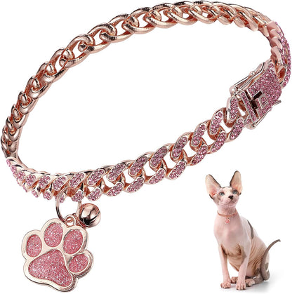 Cat Collar Diamond Chain Glitter Collar Walking Metal with Secure Buckle Cat Pet Necklace with Paw Charm and ID Tag Bell Link Cuban Jewelry Accessories Gift(8 Inch,Rose Gold, Pink)