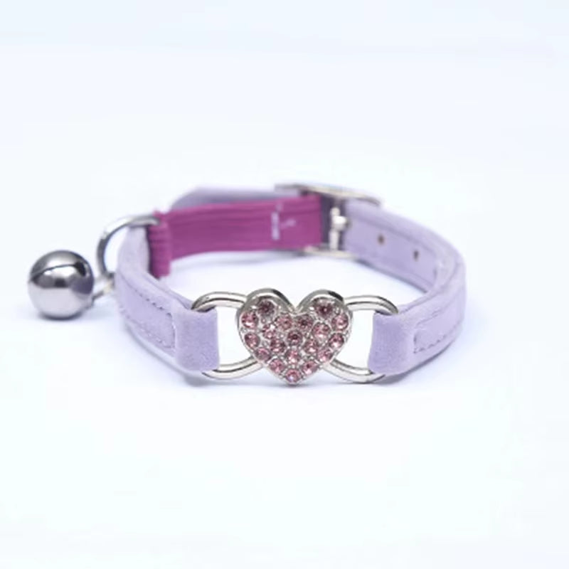Heart Shaped Cat Collar with Bell Safety Elastic Adjustable Collar Soft Velvet Cat Crystal Collar for Kitten Puppy Pet Supplies