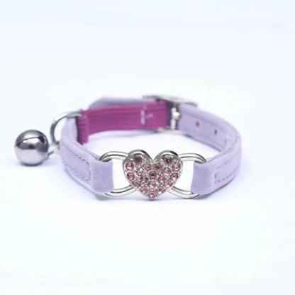 Heart Shaped Cat Collar with Bell Safety Elastic Adjustable Collar Soft Velvet Cat Crystal Collar for Kitten Puppy Pet Supplies