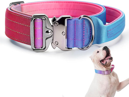 Tactical Dog Collar, Adjustable Heavy Duty Dog Collar with Handle Soft Neoprene Padded Training Collar with Quick Release Metal Buckle for Large Dogs (Gradient Pink, L)