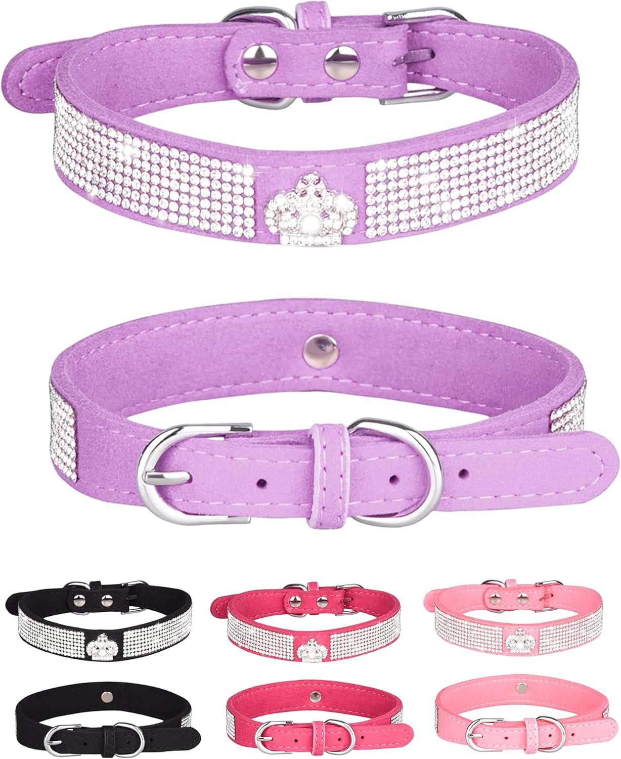Dog Collar for Small Dogs, Adjustable Leather Suede Bling Dog Collars，Pink Dog Collar Cat Collar, Rhinestone Dog Collar(S, Pink)