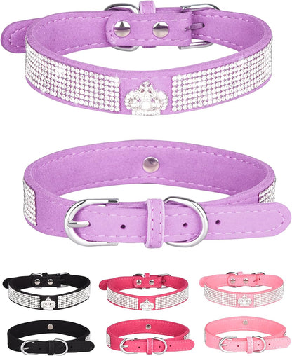 Dog Collar for Small Dogs, Adjustable Leather Suede Bling Dog Collars，Pink Dog Collar Cat Collar, Rhinestone Dog Collar(S, Pink)