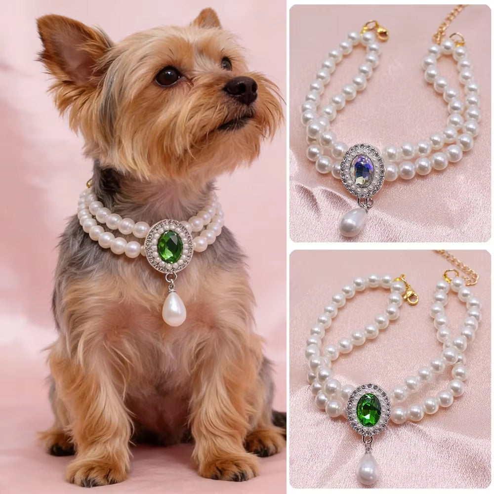 Wholesale Dog Cat Pearl Necklace Jewelry Diamond Pendant Adjustable Luxury Pet Collar Wedding Birthday Prom Costume Accessories