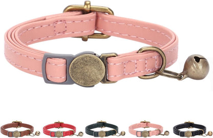 Leather Cat Collar with Bell Breakaway- Adjustable, Durable, Retro Bell Fit Most Cats and Kittens (Brown)