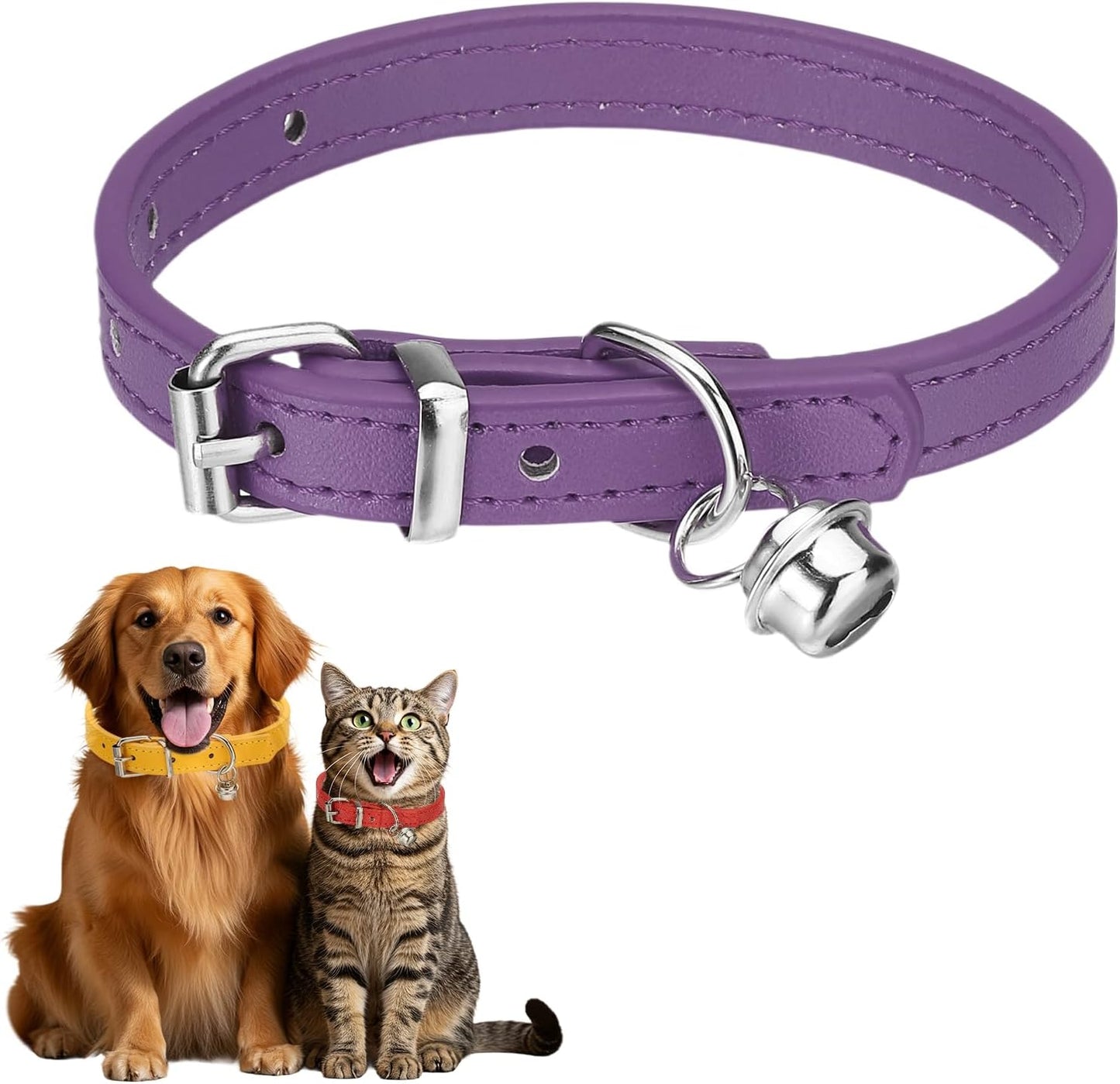 Dog Collar with Bell, Pu Leather Cat Collars Pet Basic Soft Padded Adjustable Buckle, 14.5" (Blue, 1 Pcs), Intended for Teacup/Little Dog/Kitten Cats/Small Animals