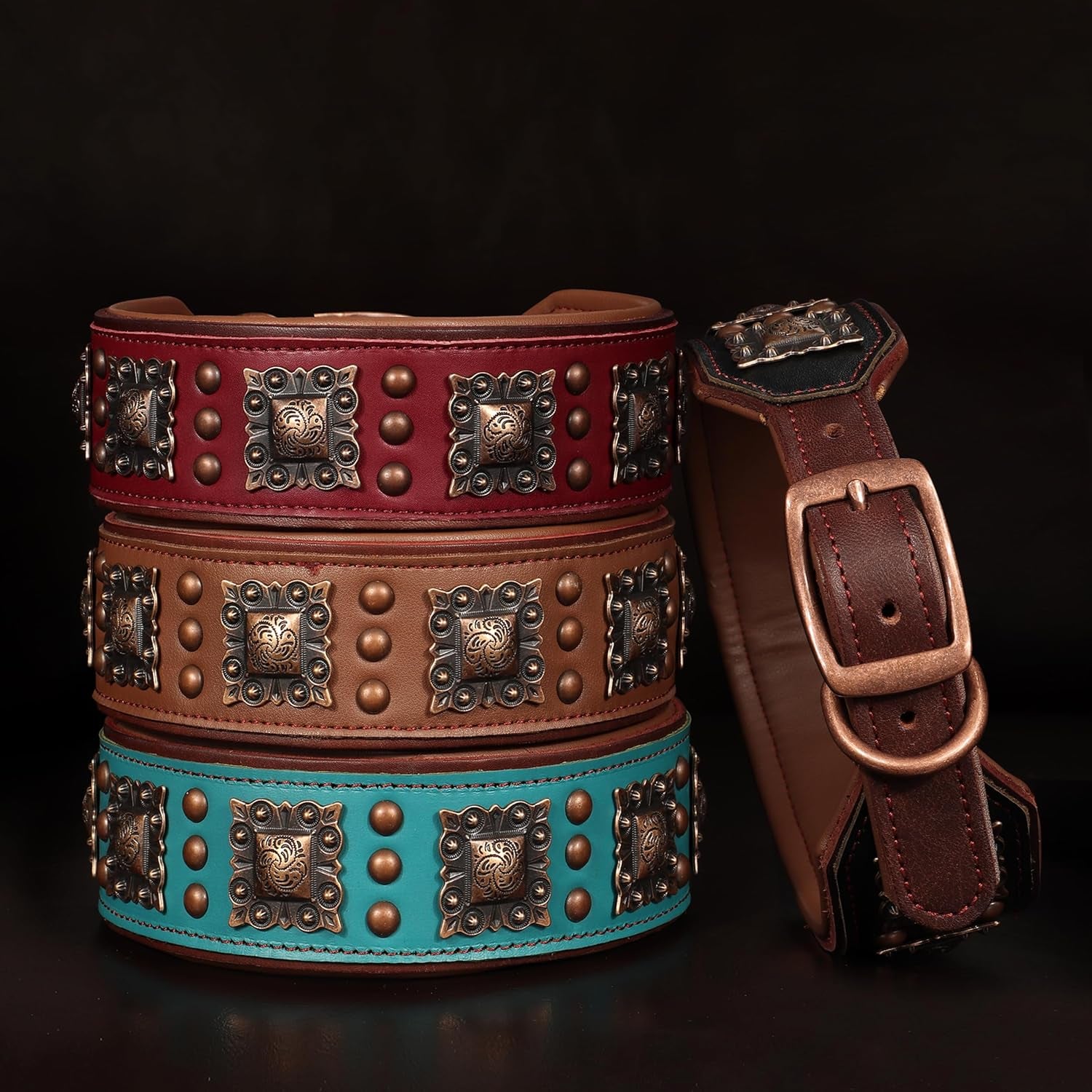 Soft Padded Leather Dog Collar, 2 Inch Wide Genuine Leather Dog Collars with Stylish Studded Rivet & Metal Buckle, Luxury & Adjustable Pet Collars for Medium Dogs,Green,Neck 16-19"