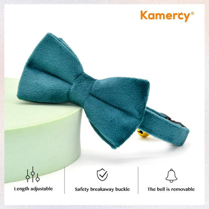 Cat Collars with Bowtie, Turquoise Velvet Cat Collar, Safety Breakaway Cat Collar