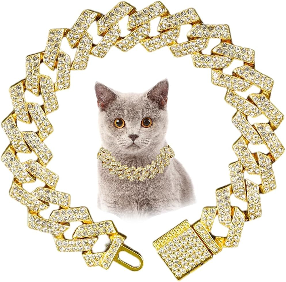 Blue Dog Chain Collar, Bling Diamond Cuban Link Puppy Collar Glitter Rhinestone Cat Collars for Small Medium Large Pet Dogs, 8-Inch