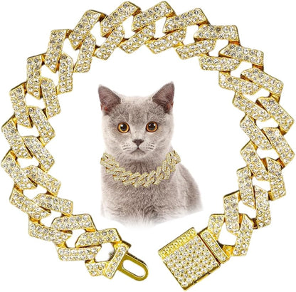 Blue Dog Chain Collar, Bling Diamond Cuban Link Puppy Collar Glitter Rhinestone Cat Collars for Small Medium Large Pet Dogs, 8-Inch