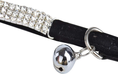 Soft Velvet Safe Cat Adjustable Collar Bling Diamante with Bells,11 Inch for Small Dogs and Cats (Black)