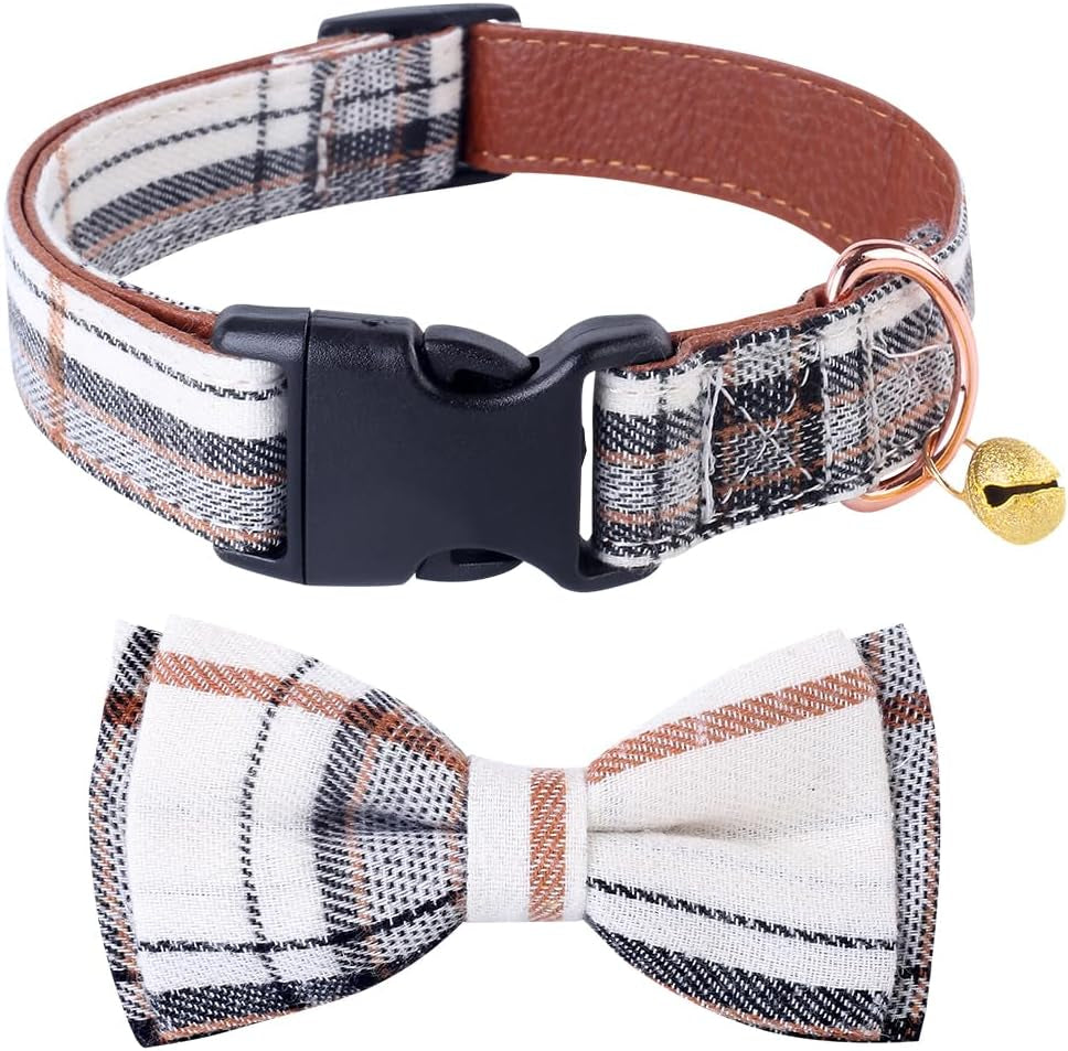 Dog Collar and Leash Set-Plaid Puppy Collar with Bow Tie - Adjustable Pet Collar for Dogs with Bell, Stylish Pattern for Small Medium or Large Boy and Girl Dog