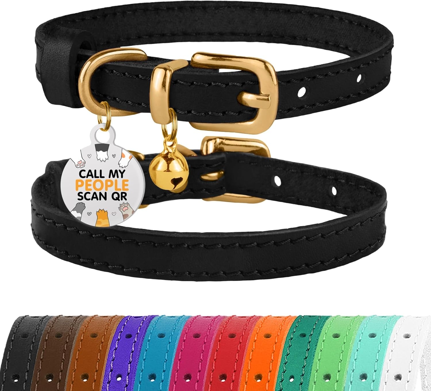 Leather Cat Collar with Removable Bells Non Breakaway Kitten QR Tag for Girl Boy (7" - 9" for Cats, Purple & Gold)