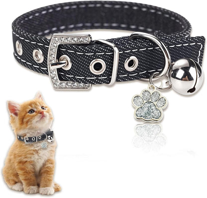 Black Premium Denim Pet Collar - Adjustable for Small Dogs & Cats, Rhinestone-Encrusted Buckle, Silver Glittery Paw Pendant & Bell, Size M Durable Fashion Denim Collar