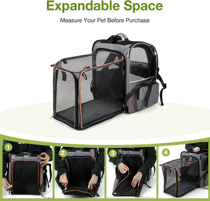 Cat Carrier Backpack, Expandable Pet Carrier with Sun Shade & Full Front Opening, Breathable Mesh Backpack for Small Dogs & Medium Cats up to 18 Lbs, Foldable for Hiking, Camping (Grey)