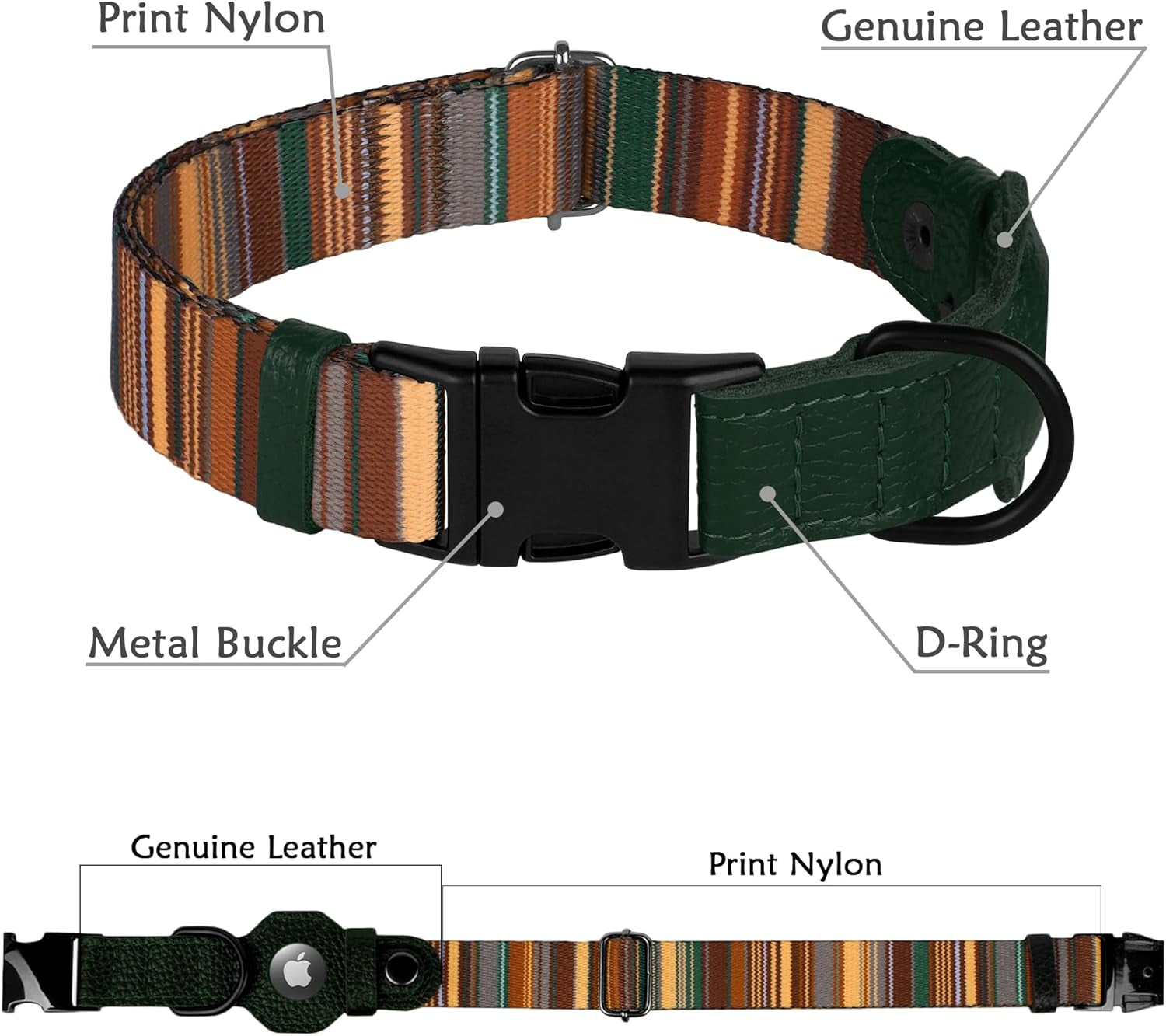 Airtag Dog Collar with Metal Buckle - Printed Nylon Soft Leather Dog Collar with Apple Airtag Holder - Secure Tracking GPS Pet Collars for Girl Boy Small Large Dogs (L, 17"-21" Neck Fit, Striped)