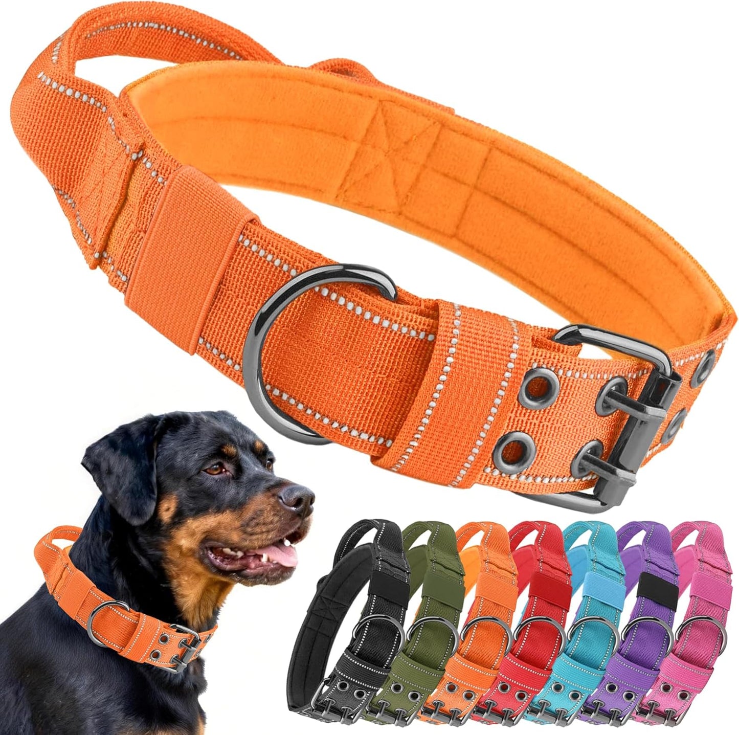 Tactical Dog Collar with Control Handle, Military Adjustable Pet Collar Reflective Heavy Metal Buckle Dog Collar, Soft Nylon Training Collar for Medium Large Dogs (Blue, Large)
