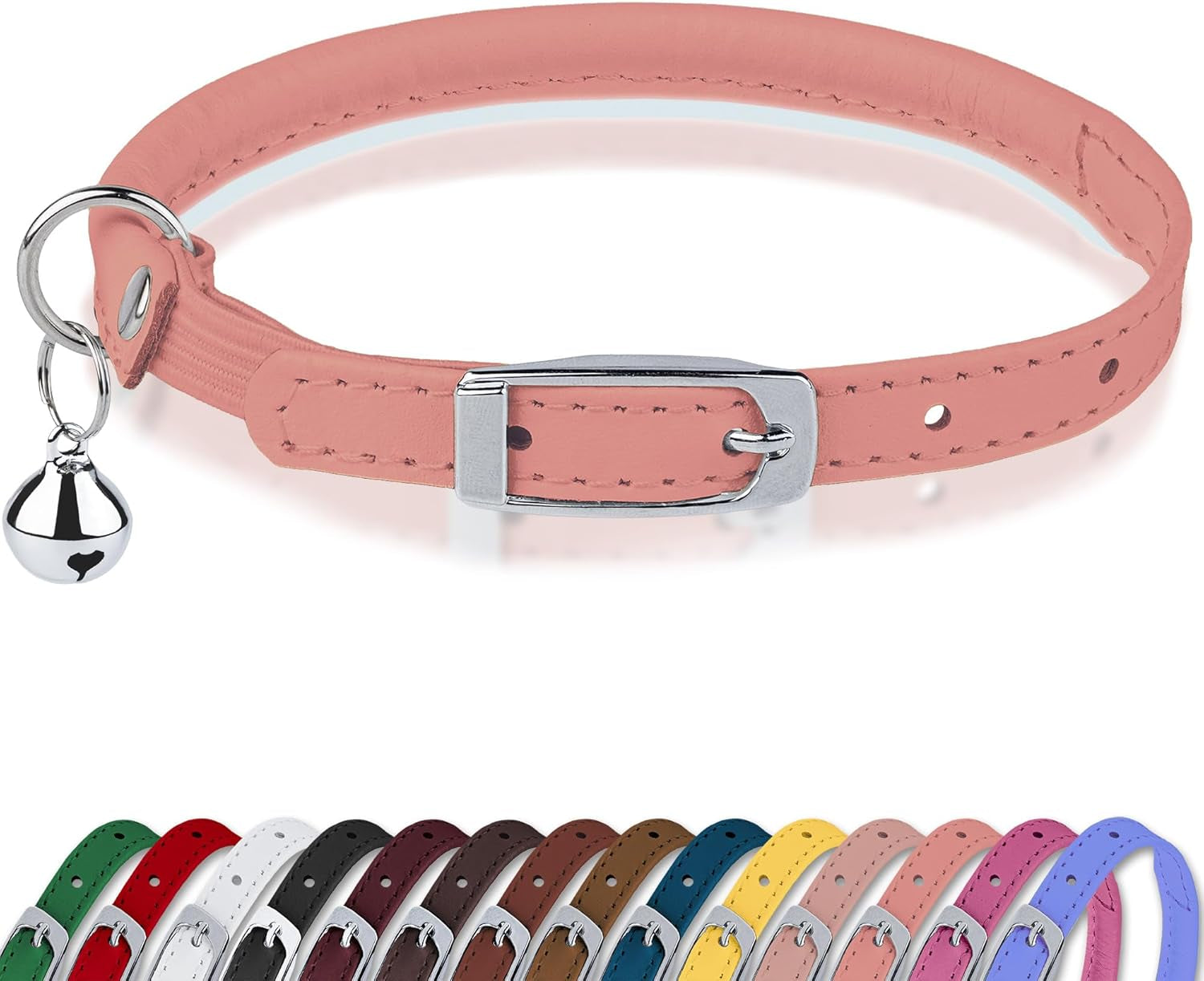 Rolled Leather Cat Collar with Bell, Reflective Kitten Collars with Buckle Include Safety Elastic Strap - Adjustable Small Pet Collars for Boy Girl Cats (White)