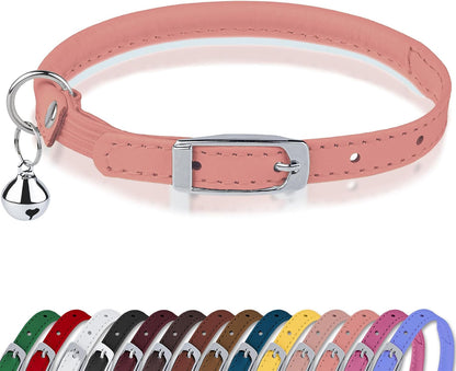 Rolled Leather Cat Collar with Bell, Reflective Kitten Collars with Buckle Include Safety Elastic Strap - Adjustable Small Pet Collars for Boy Girl Cats (White)