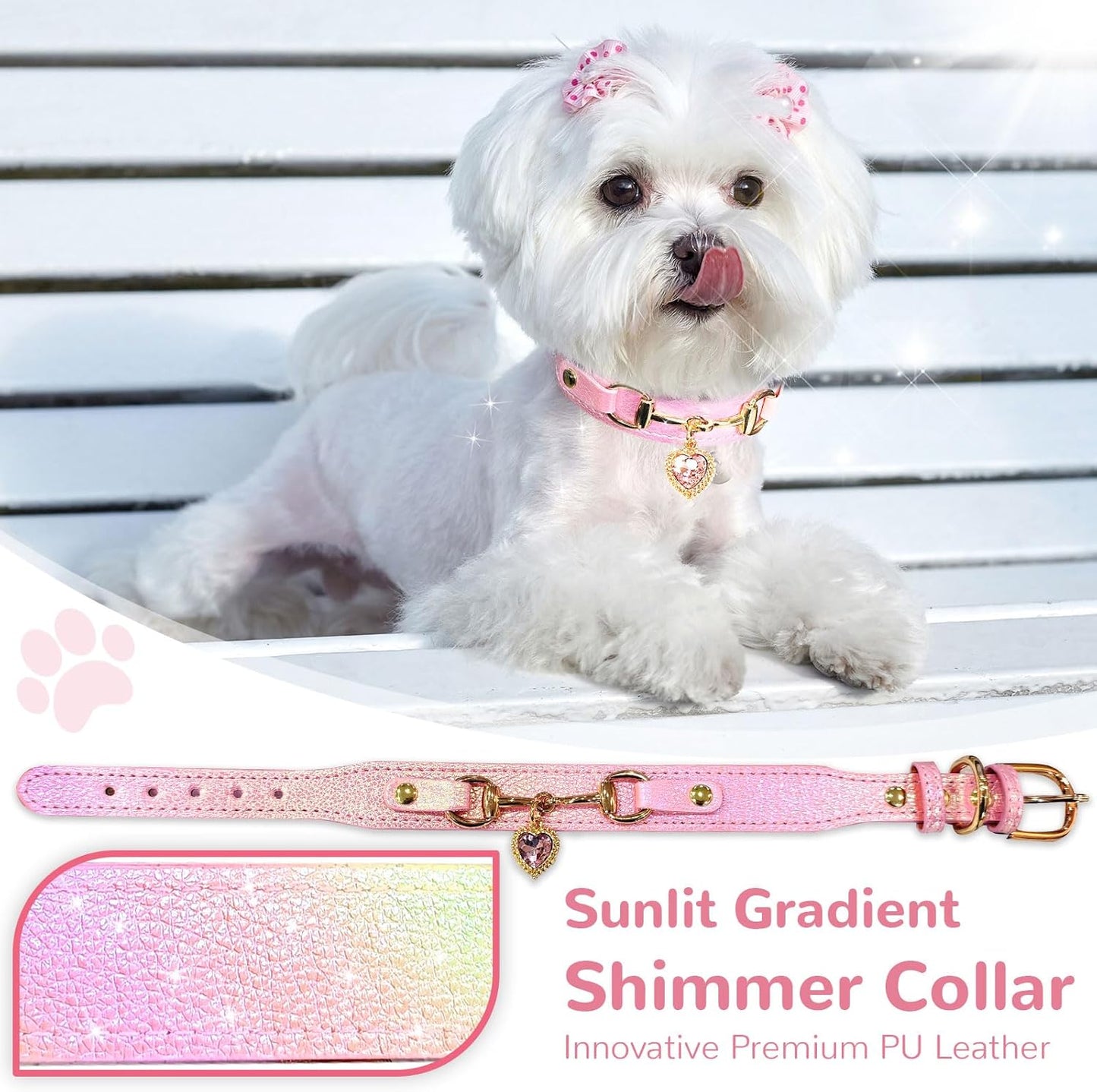 Cute Small Dog Cat Collar, Unique PU Leather - Bling Sparkle in the Sunlit, Puppy Collars with Rhinestone Heart Pendant, Pet Dog Necklace Collar Chihuahua (Pink, XS (Neck 8"-10"))