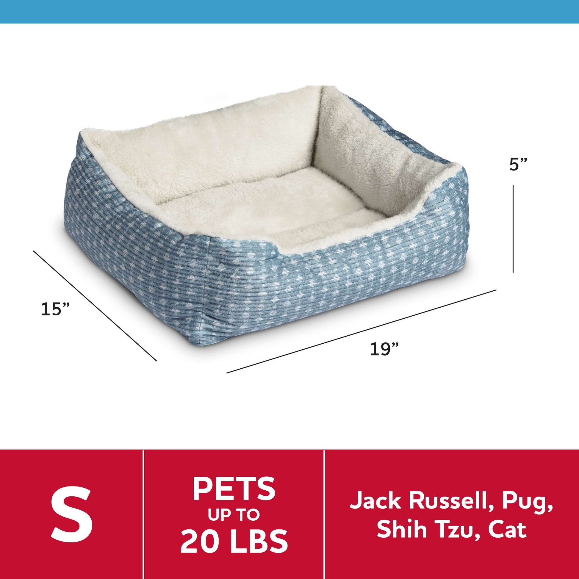 Dog Bed, Cat Bed, Puppy Bed, Plush Cuddle Bed for Small Breeds, 19" X 15", Blue and White
