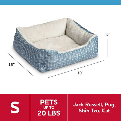 Dog Bed, Cat Bed, Puppy Bed, Plush Cuddle Bed for Small Breeds, 19" X 15", Blue and White