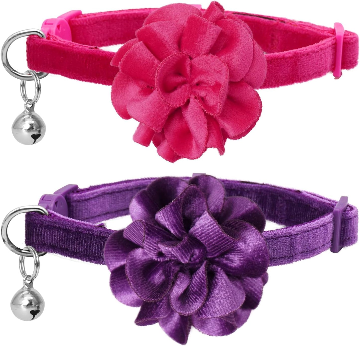 2 Pack Cat Collar Floral with Bell and Removable Flower Bowtie Breakaway Adjustable Velvet Fabric Cat Collar for Pets and Daily Decoration，Hot Pink & Purple