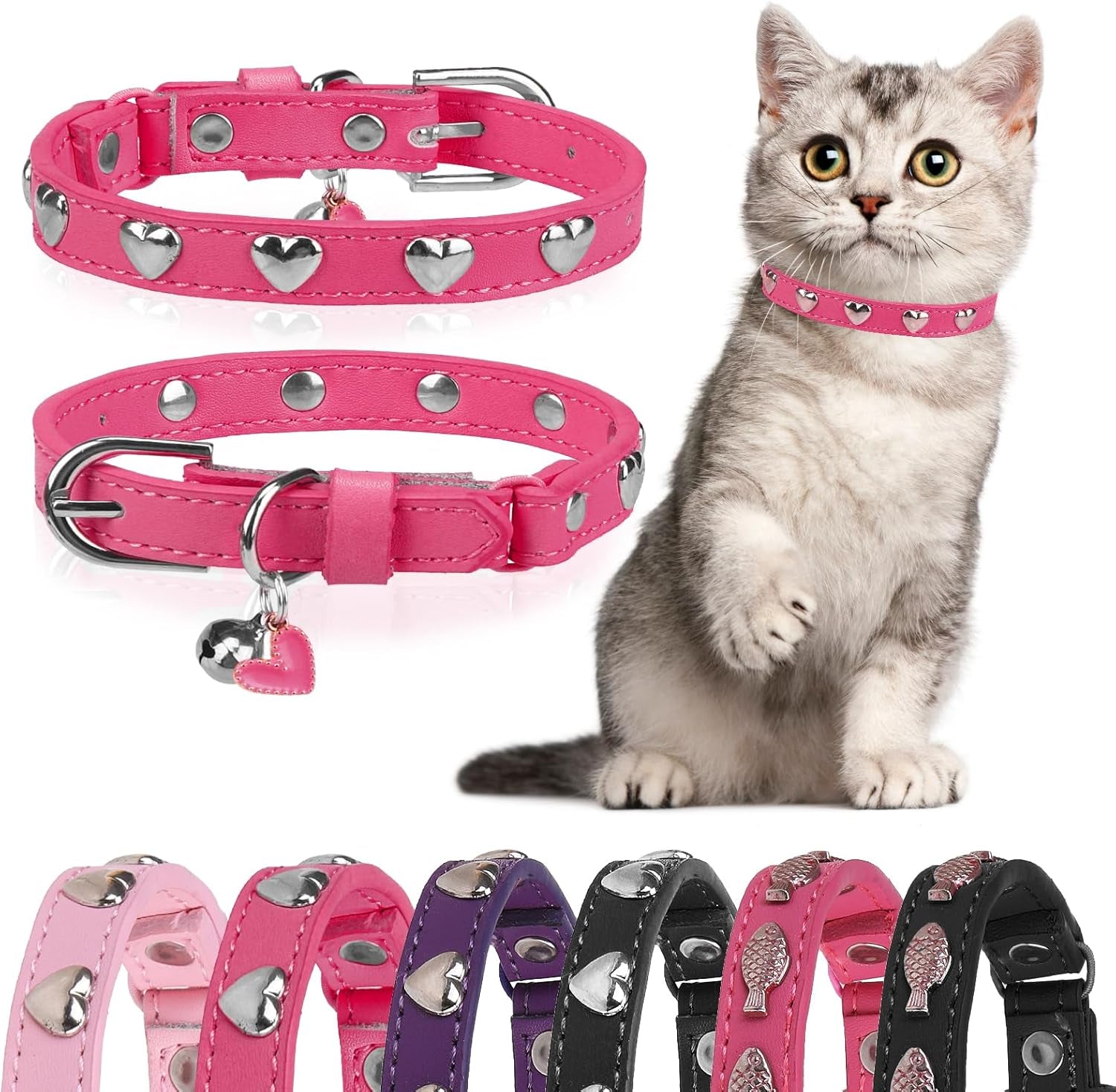 Leather Cat Collars for Boy Girl Cats with Bell and Safety Elastic Belt, Personalized Love and Fish Stud Adjustable Safe Buckle Collar for Kitty Small Big Cats Size 8-11 Inch, Black