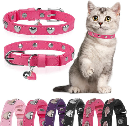 Leather Cat Collars for Boy Girl Cats with Bell and Safety Elastic Belt, Personalized Love and Fish Stud Adjustable Safe Buckle Collar for Kitty Small Big Cats Size 8-11 Inch, Black