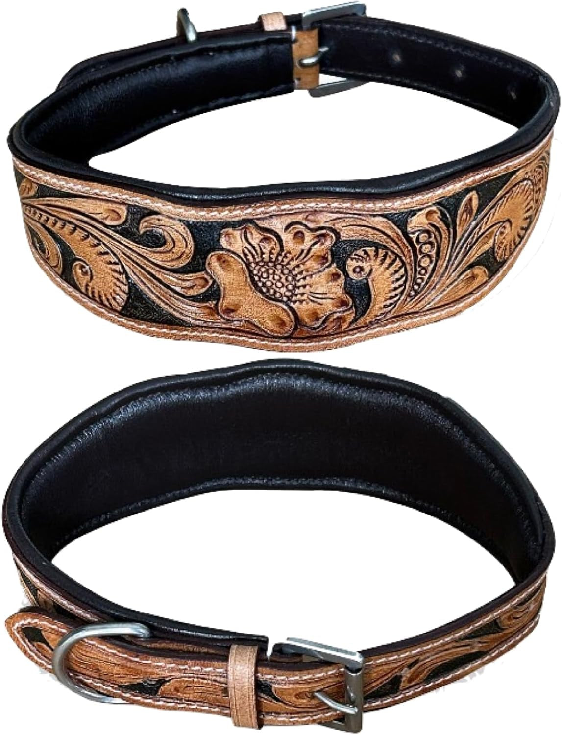 Hand Tooled Leather Dog Collar, Floral Design, Colored Inlay, Antique Natural Finish (Turquoise, Medium)