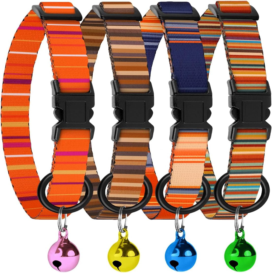 4PCS Breakaway Cat Collars with Bell - Cute Soft Adjustable Safety Kitten Collars 4-Pack - Nylon Pet Collars Nature Tribal Striped Floral Space Aztec Flowers Print (Nature)