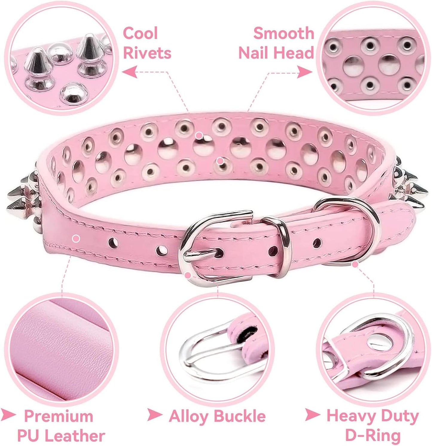 Small Pink Spiked Dog Cat Collar for Small Medium Dogs Girl Female - Adjustable Studded Puppy Collars - Soft Padded Punk Leather Dog Collar for Chihuahua French Bulldog Pug (Pink,L)