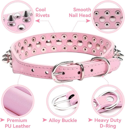 Small Pink Spiked Dog Cat Collar for Small Medium Dogs Girl Female - Adjustable Studded Puppy Collars - Soft Padded Punk Leather Dog Collar for Chihuahua French Bulldog Pug (Pink,L)