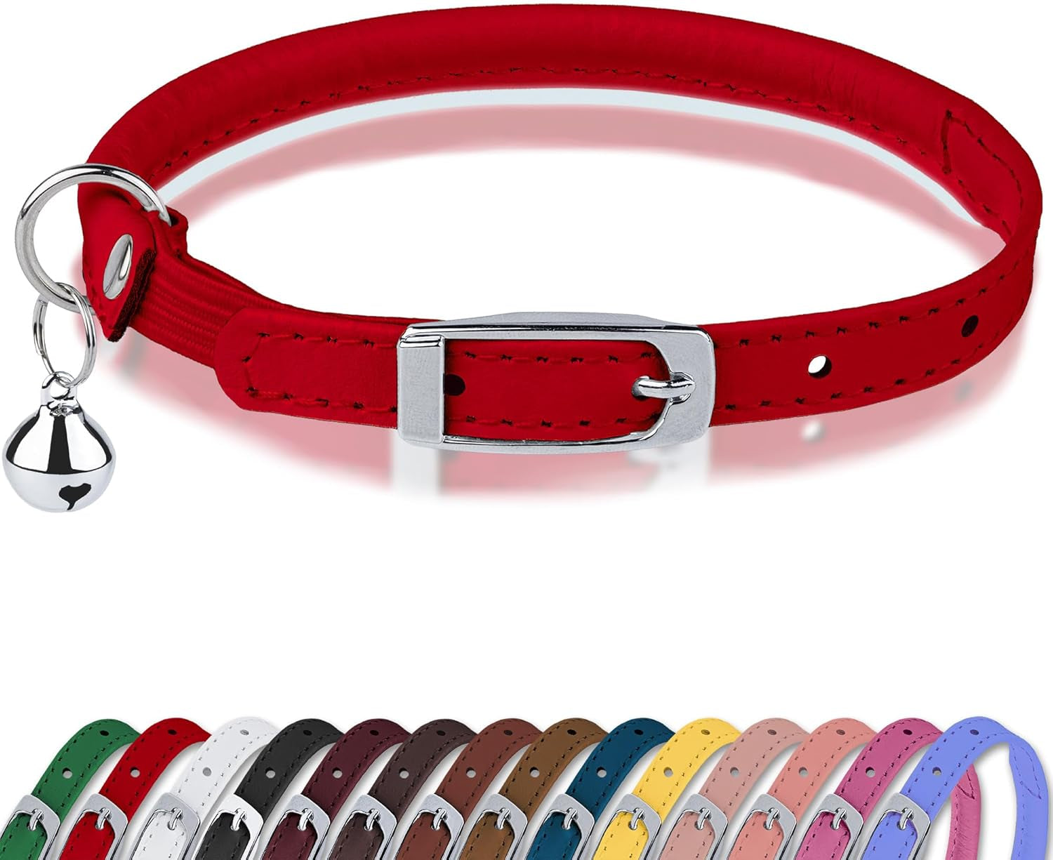 Rolled Leather Cat Collar with Bell, Reflective Kitten Collars with Buckle Include Safety Elastic Strap - Adjustable Small Pet Collars for Boy Girl Cats (White)