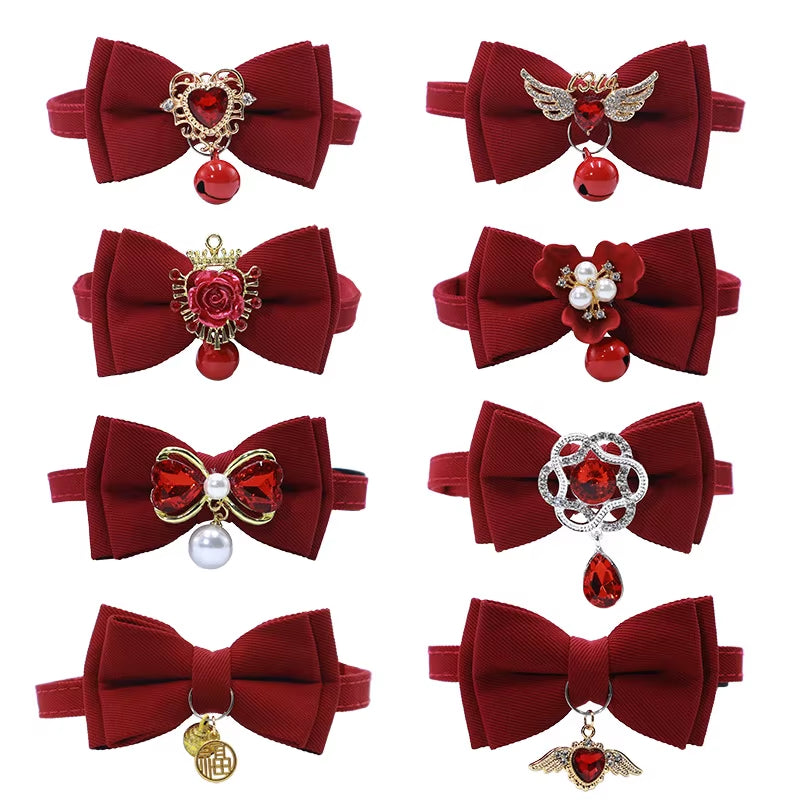 Red Bow Adjustable Cat Collar, Flower Heart Pendant Pet Collar, Gorgeous Retro Cat Collar,Christmas Wedding Pet Accessories