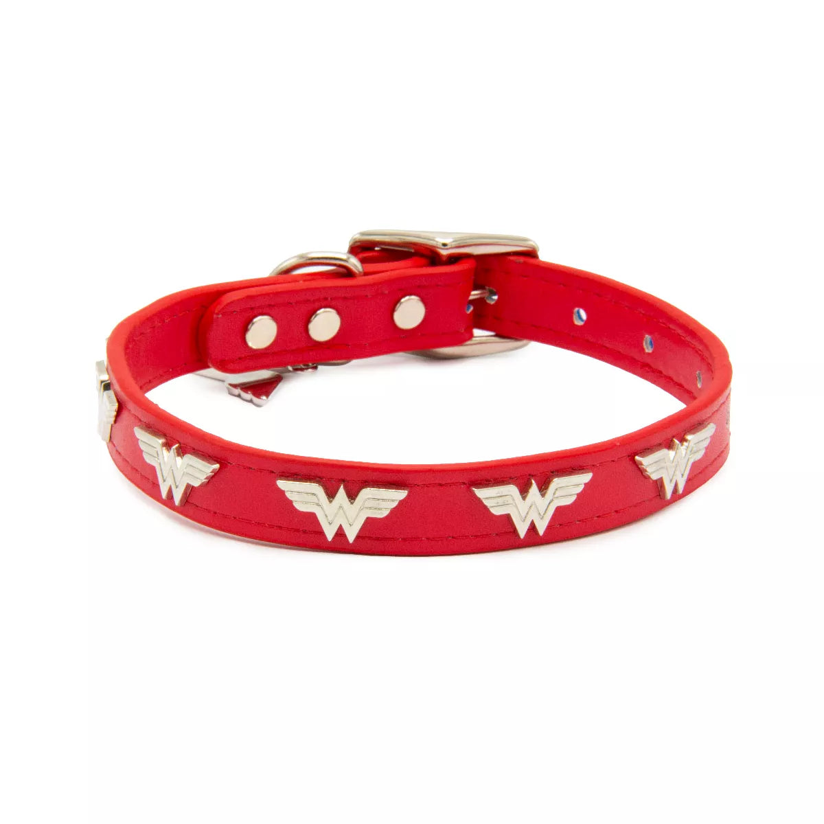 Buckle-Down Vegan Leather Dog Collar - DC Comics Wonder Woman Red with WW Icon Embellishments & Metal Charm