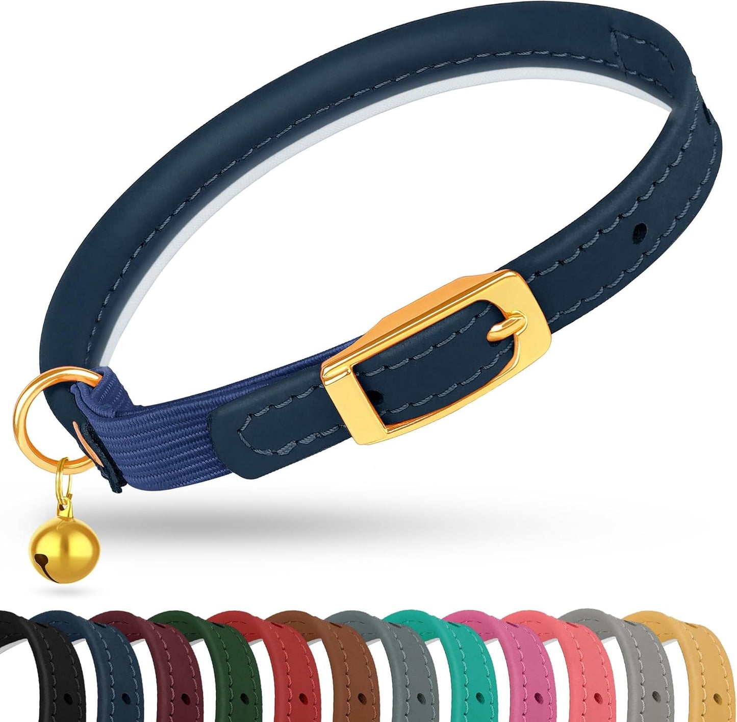 Rolled Leather Cat Collar with Bell - Reflective Kitten Collar with Safety Elastic Strap - Adjustable Small Pet Collars for Boy Girl Cats (Fuchsia)