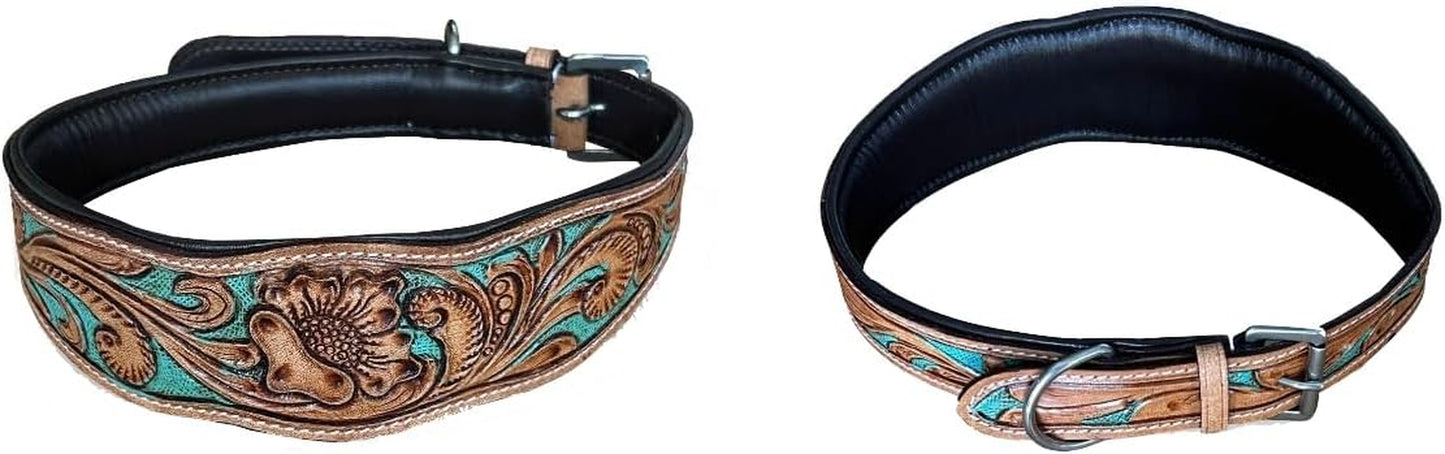 Hand Tooled Leather Dog Collar, Floral Design, Colored Inlay, Antique Natural Finish (Turquoise, Medium)