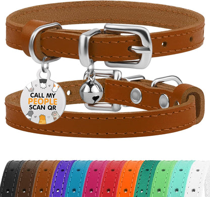 Leather Cat Collar with Removable Bells Non Breakaway Kitten QR Tag for Girl Boy (7" - 9" for Cats, Purple & Gold)