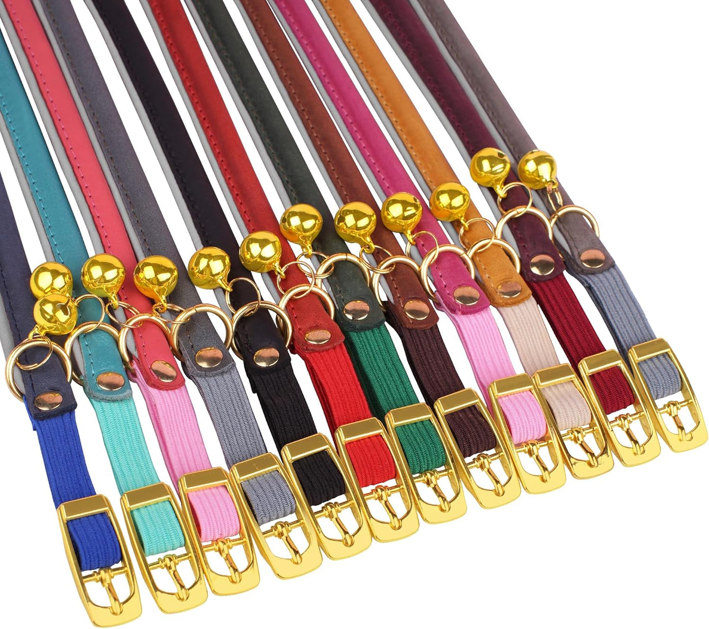 Rolled Leather Cat Collar with Bell - Reflective Kitten Collar with Safety Elastic Strap - Adjustable Small Pet Collars for Boy Girl Cats (Fuchsia)