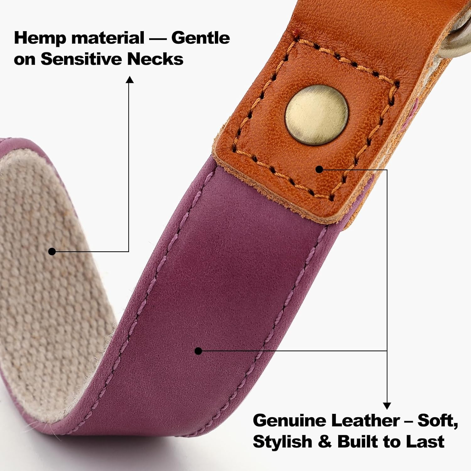 Genuine Leather & Hemp Dog Collar – Adjustable Heavy Duty Pet Collar with Quick Release Metal Buckle, Soft & Stylish for Puppy and Small, Medium, Large Dogs (Purple, L)